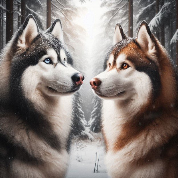 two dogs looking at each other in a snowy forest,Alaskan Husky vs. Siberian Husky